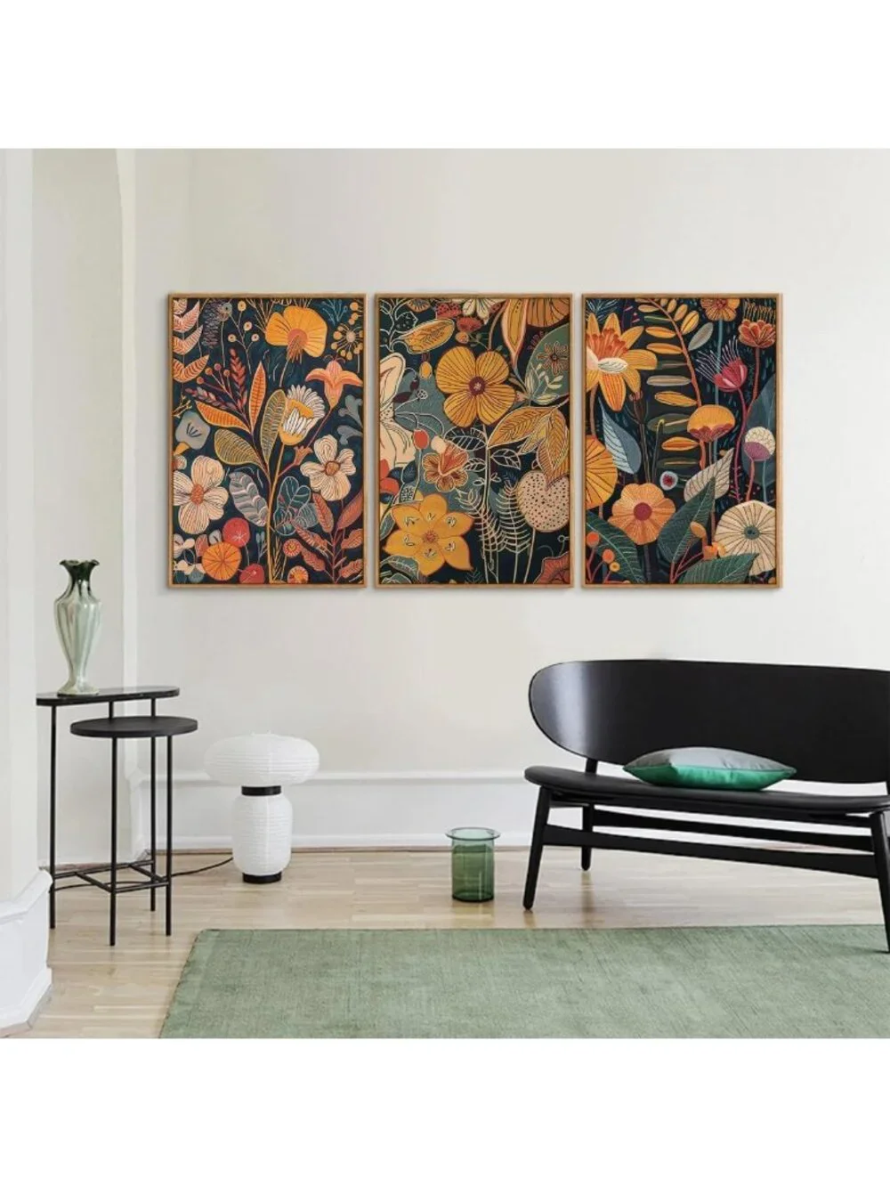 Set of 3 Orange Floral Canvas Wall Art - Mid Century Modern Boho Decor, 16x24